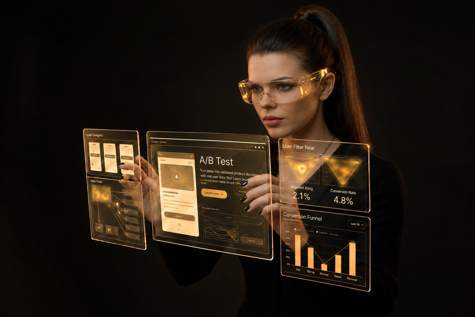 Katerina Litvina examining golden holographic user journeys and conversion interfaces