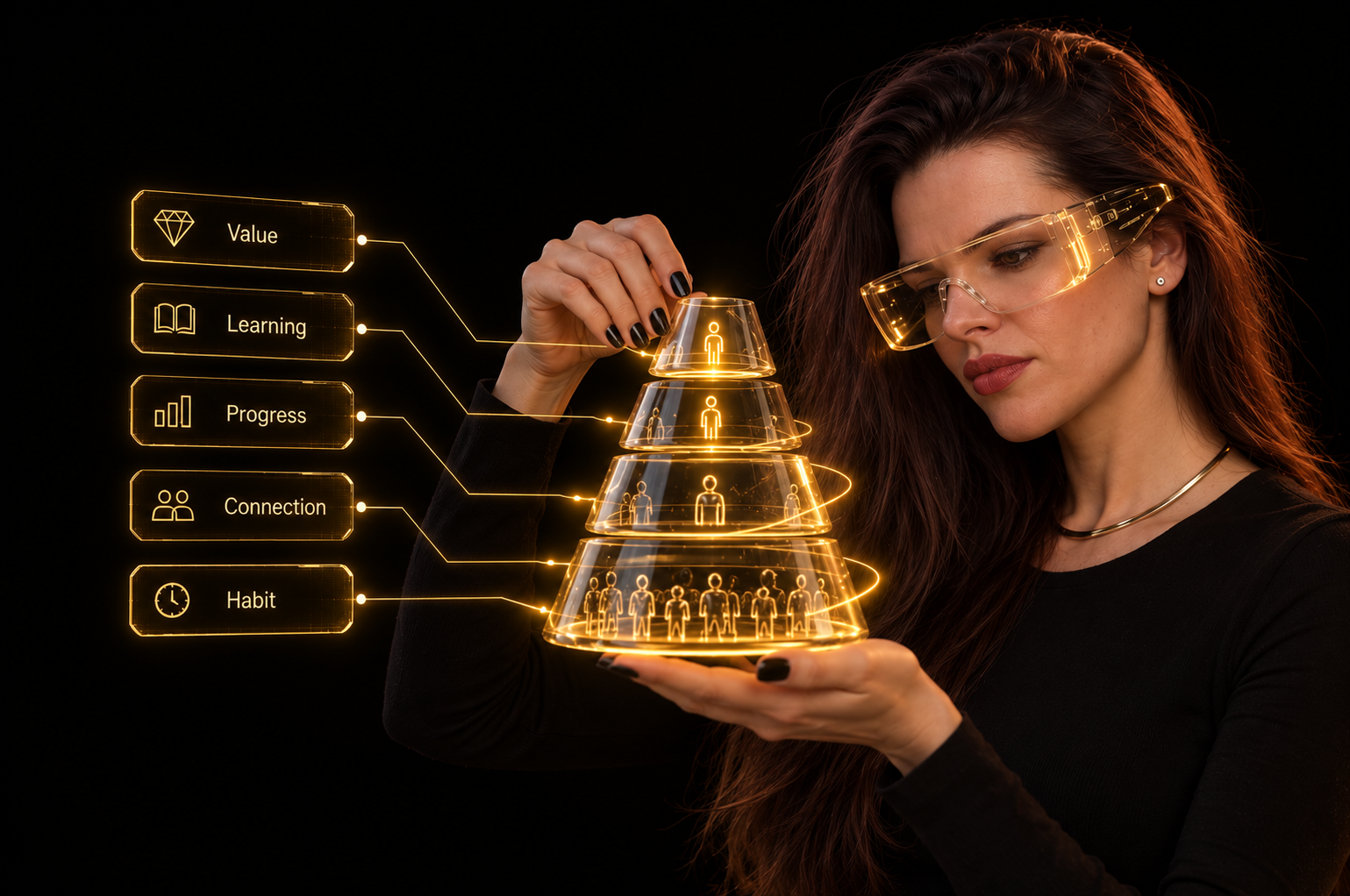 Katerina Litvina holding a golden retention hologram with value, learning, progress, connection and habit