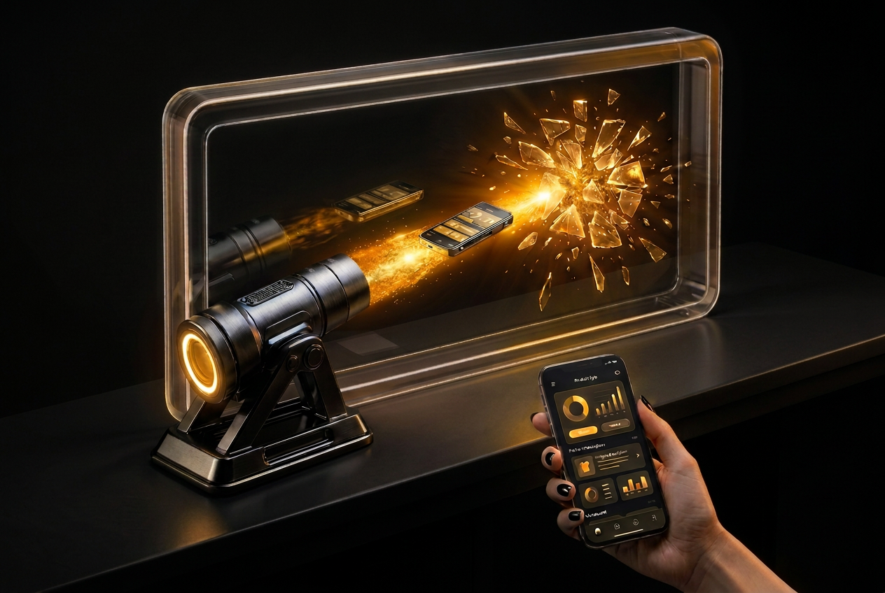 A luminous abstract idea becoming a tangible product inside a glass chamber