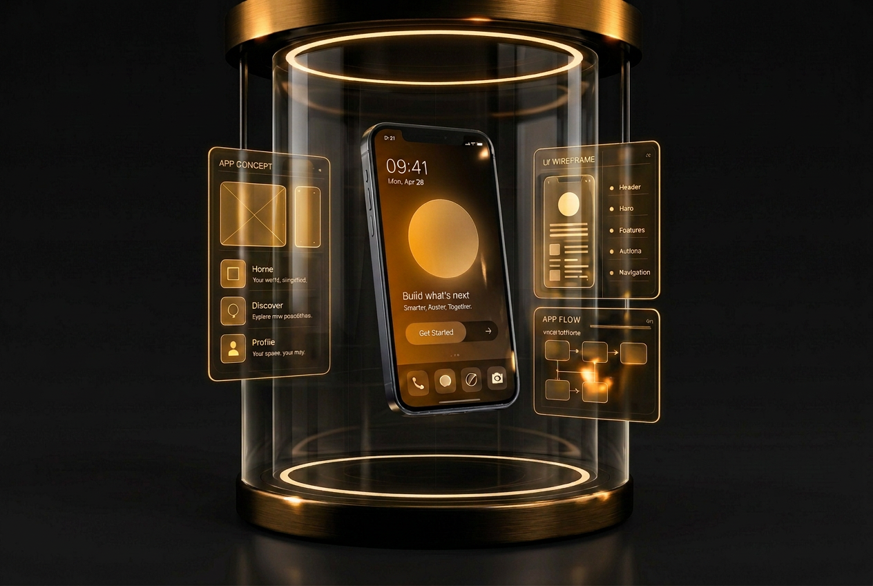 A high-fidelity mobile prototype displayed inside a glass laboratory chamber